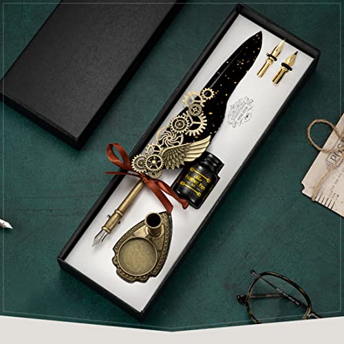 HASTHIP® Quill Pen Set Mechanic Style Calligraphy with Blue or Black Ink 2 Replacement Nibs Holder Vintage Signature Fountain Dip Gift Black 3PCS HASTHIP® Quill Pen Set Mechanic Style Calligraphy with Blue or Black Ink 2 Replacement Nibs Holder Vintage Signature Fountain Dip Gift Black 3PCS